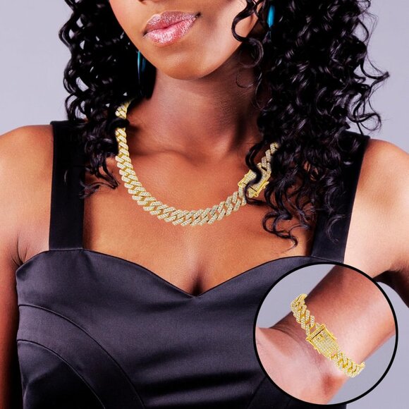 14k Gold/Silver Cuban Link Chain Set for Women Iced Out Diamond Bling Jewelry - Picture 5 of 7